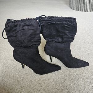 FIONI ANKLE MID CALF HIGH HEEL  BOOTS WITH ADJUSTABLE TIE BLACK WOMENS 6